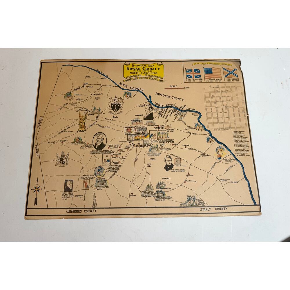 Antique 1932 Historical Map on parchment paper Rowan County North Carolina 16x20
